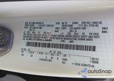 2022 Lincoln Corsair Standard из США, поврежденный, VIN 5LMCJ1C96NUL24699